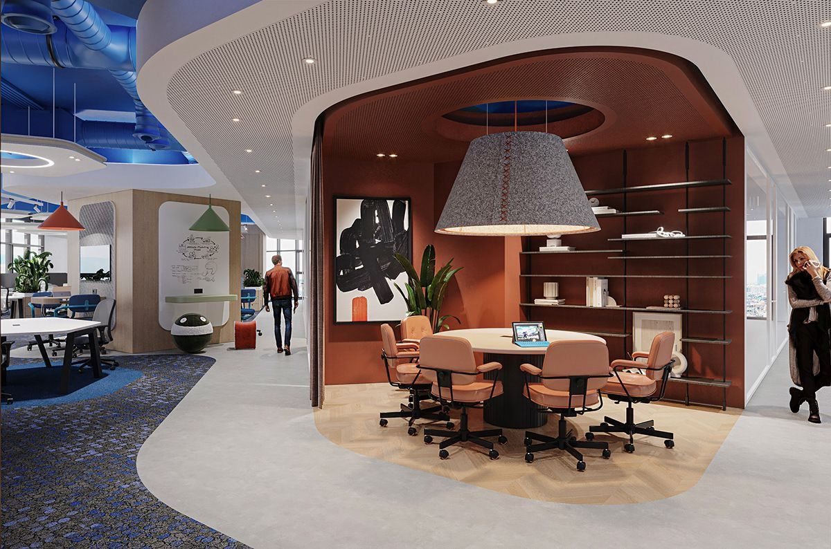 Alcôve de réunion terracotta avec fauteuils et plafond acoustique