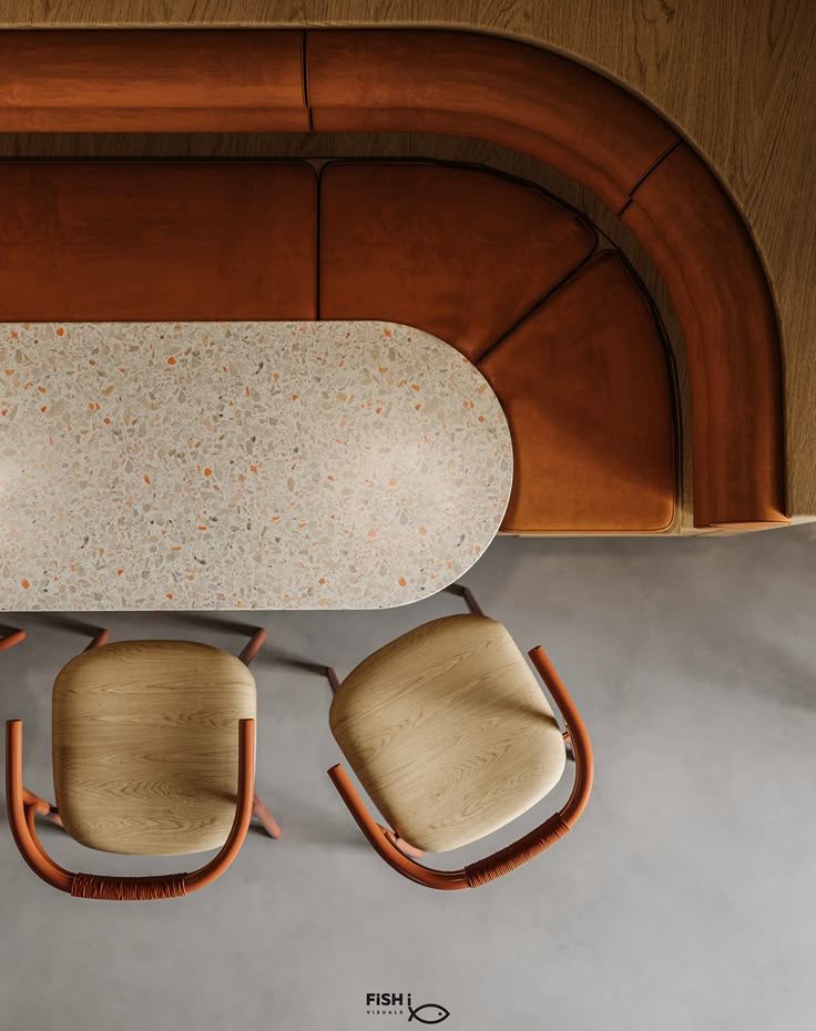 Banquette en cuir patiné et table en terrazzo