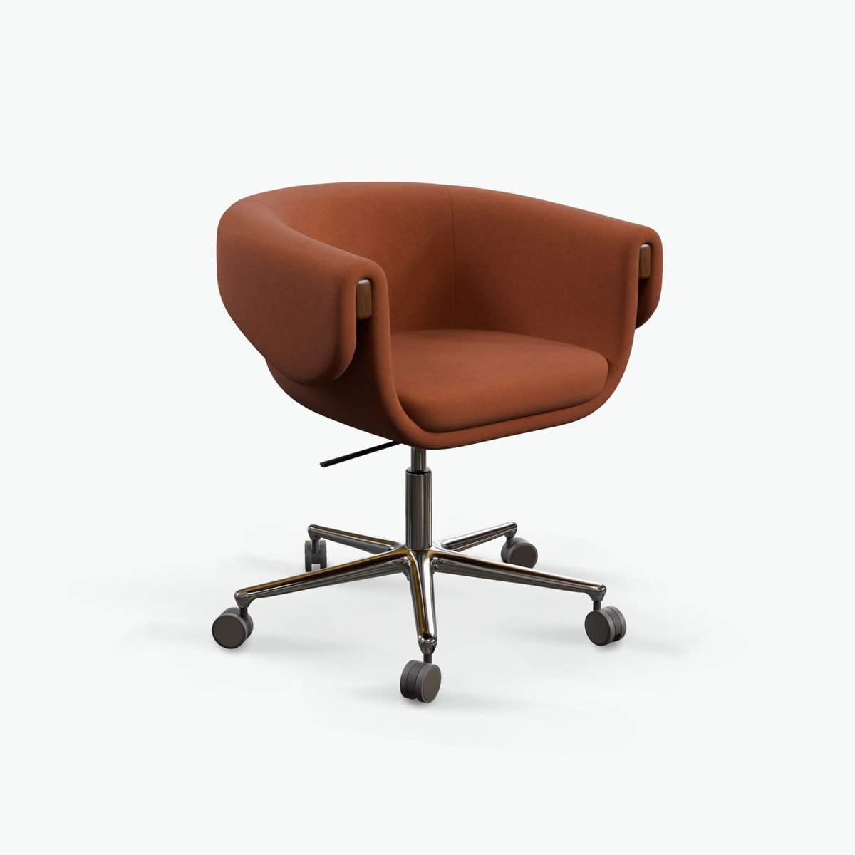 Fauteuil de bureau pivotant neuf, tissu terracotta et piétement aluminium poli